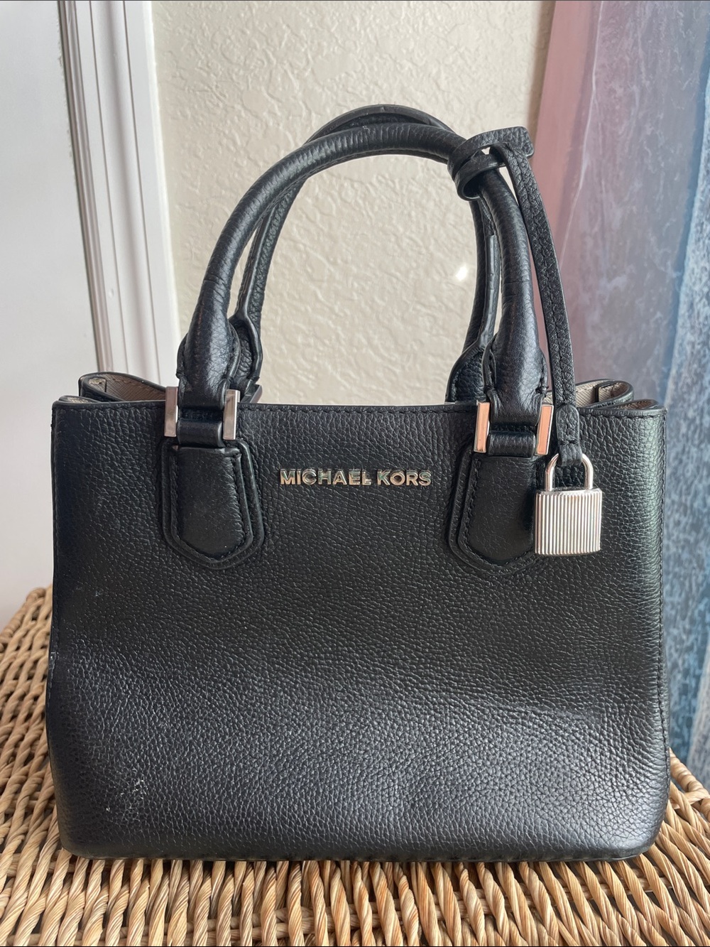 Michael Kors Black Pebbled Leather Satchel with Lock Accent
